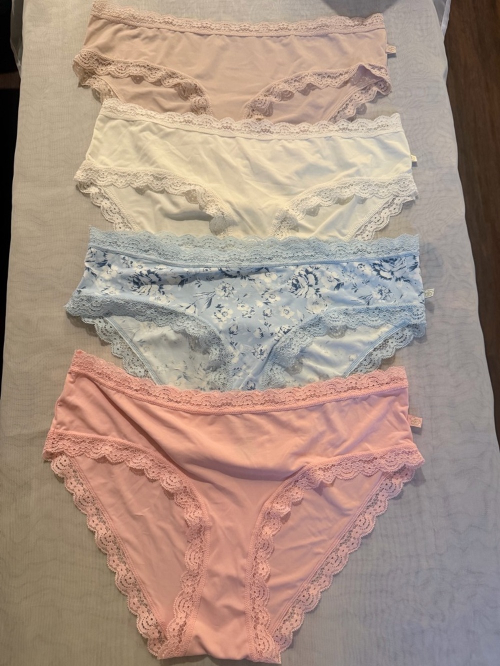 Jessica Simpson Lace-Trim Bikini Panty Set in Pink, Light Blue, Cream, Blush